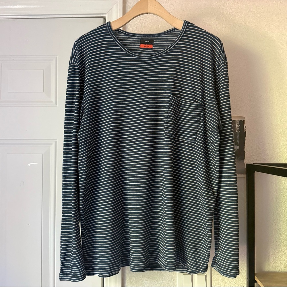 FADELESS navy white striped cotton long sleeve crew neck tee‎ t-shirt